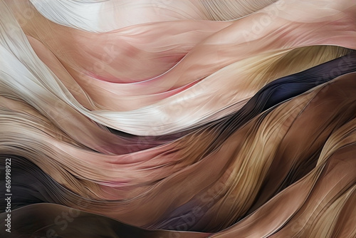 Flowing fabric background in pink and bronze tones. Ribbons of silk or chiffon in the wind. Delicate textile in soft pastel shades. Digital illustration. AI