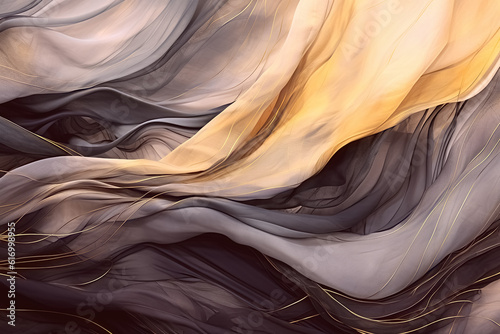 Flowing fabric background in mauve and gold tones. Ribbons of silk or chiffon in the wind. Delicate textile in soft tones. Digital illustration. AI