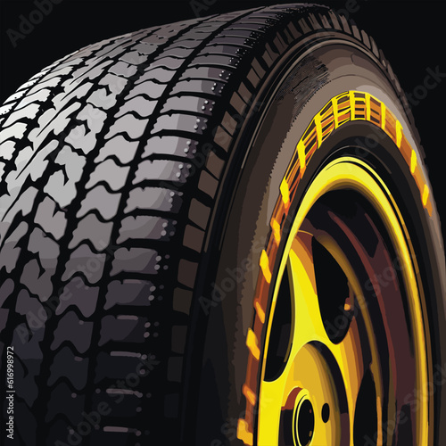 Modern car tire on yellow alloy wheels. Dark background. Car wheel with protector. Tire fitting, car service. Illustration of an aluminum wheel. Wheel vector icon.