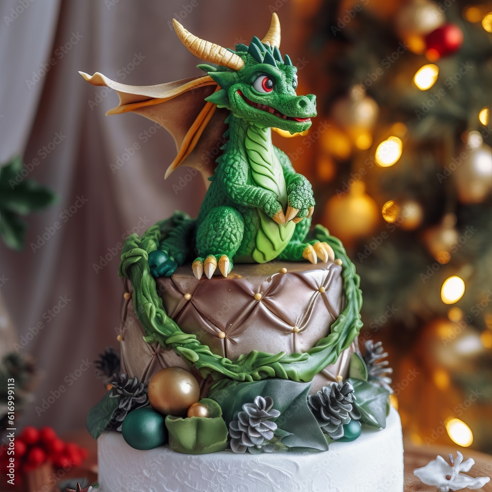 Cake made of mastic in the form of a green dragon. Sweet food decoration for a feast for the holiday. New Year's decor. Generative AI