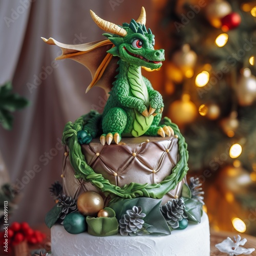 Cake made of mastic in the form of a green dragon. Sweet food decoration for a feast for the holiday. New Year's decor. Generative AI © Neuro architect