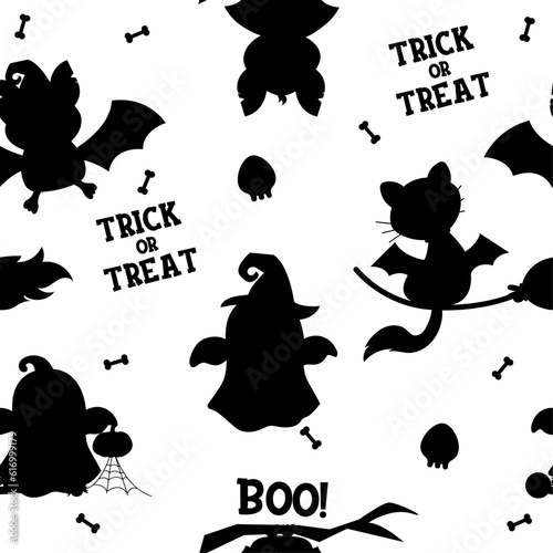 Seamless silhouette pattern characters Halloween cat  ghost  bat