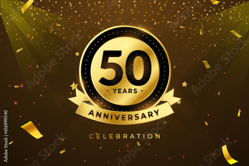 50 anniversary golden badge with ribbon and confetti background