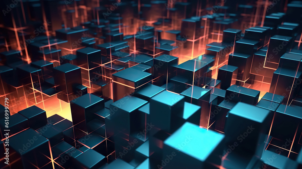 Modern digital abstract 3D background. Copy space. Can be used in the description of network abilities, technological processes, digital storages, science, education, etc.