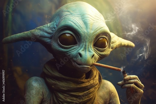 Alien smoking marijuana and is very happy photo