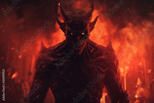 Demon from hell with burning red glowing flames and particles in mystical place photo