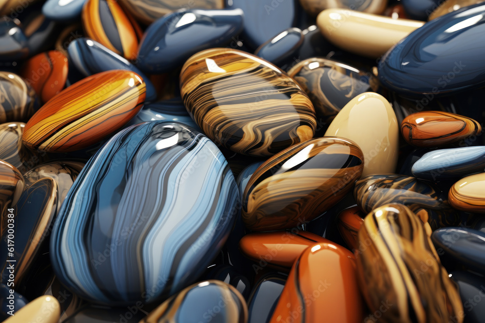 Fototapeta premium Multi-colored shiny smooth pebbles in water drops.