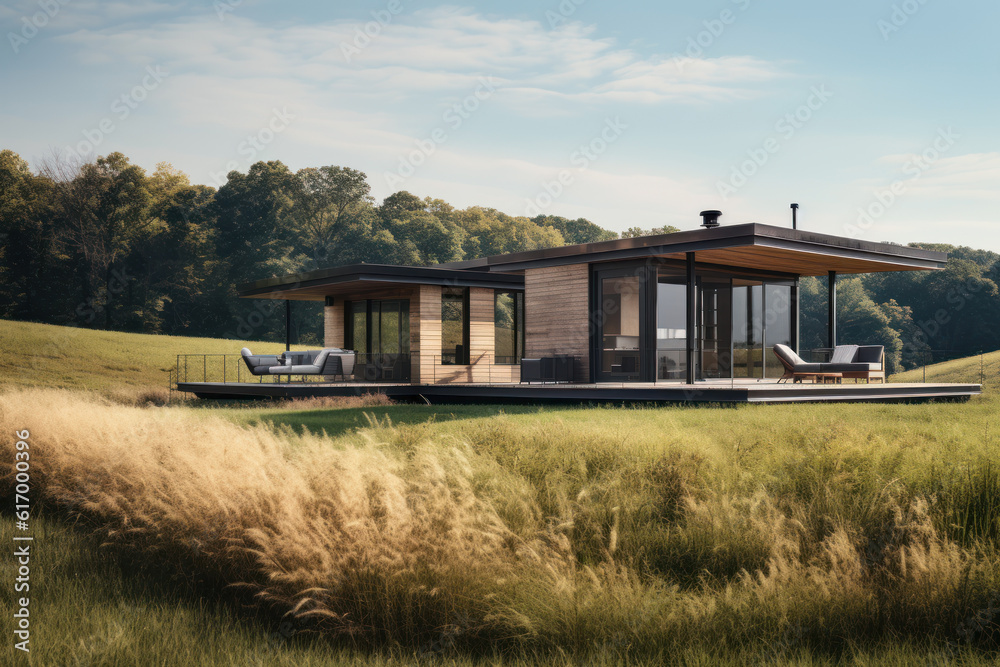 Modern high-tech mansion in the field.