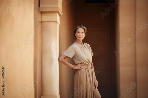A beautiful elderly woman model in a linen dress stands near a sandstone wall in the sun.