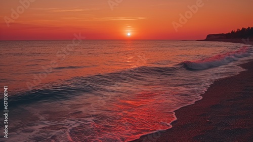 Stunning sunset over the ocean with rolling waves..Picturesque purple sunset over the beach sea. Generative ai.