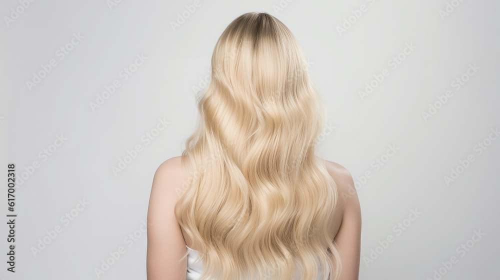 Fototapeta premium lindo cabelo loiro ondulado vista traseira, fundo branco