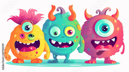 Personagens de quatro monstros de desenho animado, animais alienígenas fofos e engraçados com olhos de ciclope, emoji de vetor infantil. Pequenas criaturas ou mascotes cômicos mutantes com sorriso e r photo