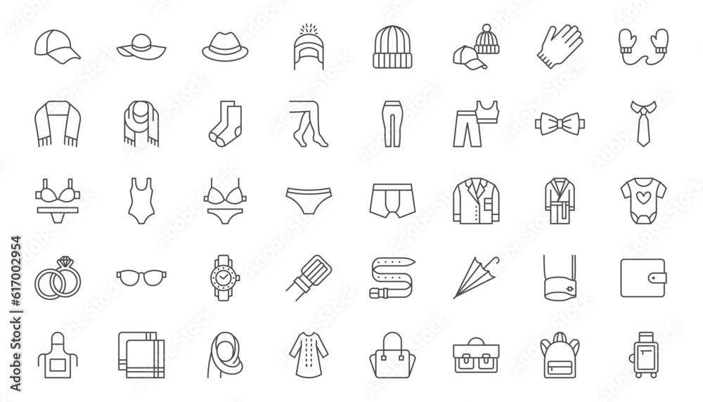 Clothes accessories line icons set. Glasses, backpack, umbrella, cufflinks, wallet, apron, hadkerchief, fedora visualization vector illustration. Outline signs of fashion supplement. Editable Stroke - obrazy, fototapety, plakaty 