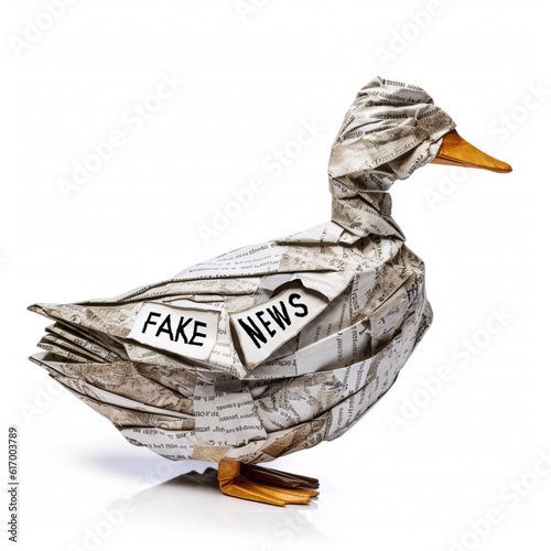 Symbol for fake news as a paper duck made out of newspaper, irony and humor in the style of social or political commentary commenting untrue press reports