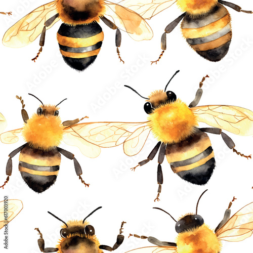 Bee pattern watercolor in paper art style on white background. Botanical seamless pattern. Summer nature decoration.