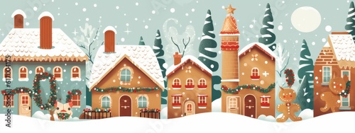 An adorable gingerbread village with cute houses, candy canes, and icing details, evoking a sense of whimsy and sweetness for Christmas web banner. Generative AI