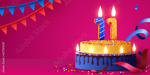 11 years anniversary. Cake with burning candles and confetti. Birthday banner.