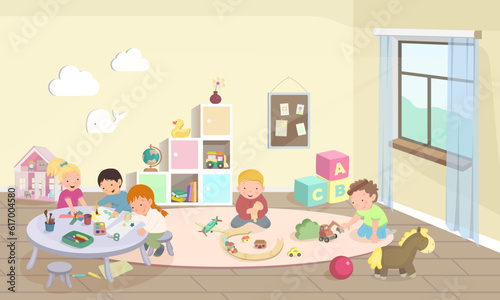 Kindergarten or preschool activities. Сhildren playing with cars, drawing and make crafts. Cartoon bundle, vector illustration. Modern room with furniture, sunlight from window. © Hanna ArtLab