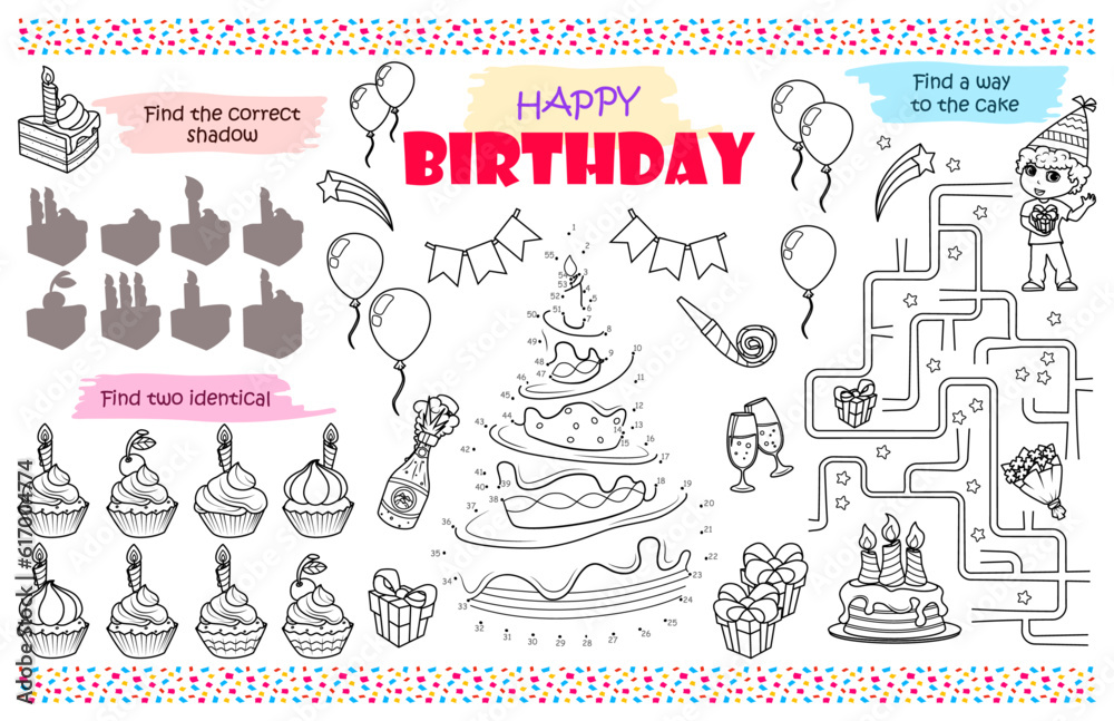 Festive napkin for children. Printed mat "Happy Birthday" with a maze ...