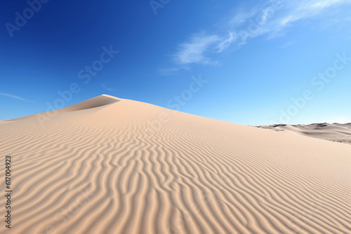 A mesmerizing photo capturing sand dunes rippling across the vast desert under a cloudless blue sky, portraying the rugged beauty and solitude of the Middle Eastern desert.