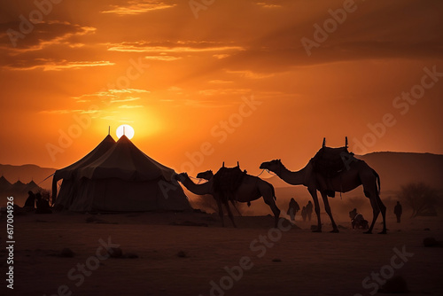 A striking photo portraying a desert scene at sunset  featuring the silhouettes of traditional Bedouin tents and camels  capturing the spirit of nomadic life.