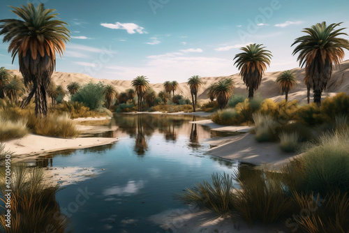A dramatic photo portraying a peaceful oasis in the midst of a vast desert  with palm trees surrounding a tranquil water source under the fierce Middle Eastern sun.