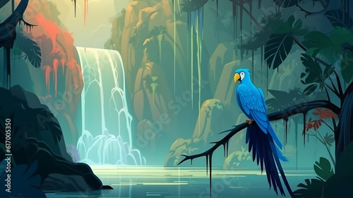 ilustração de papagaio azul sentado no galho de árvore perto de majestosa cachoeira na floresta tropical photo