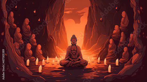Ilustração de Buda sentado em pose de lótus e meditando perto de velas acesas no conceito de caverna escura de religião e atenção plena photo