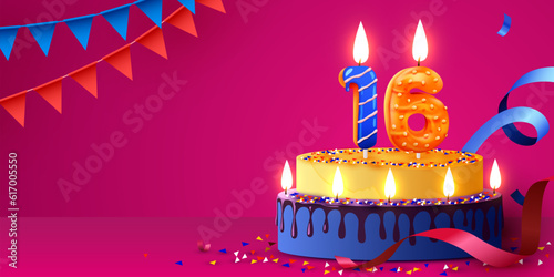 16 years anniversary. Cake with burning candles and confetti. Birthday banner.