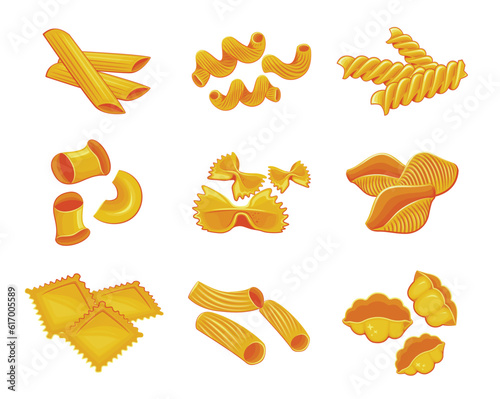 Different types of italian pasta isolated on white background pasta set
