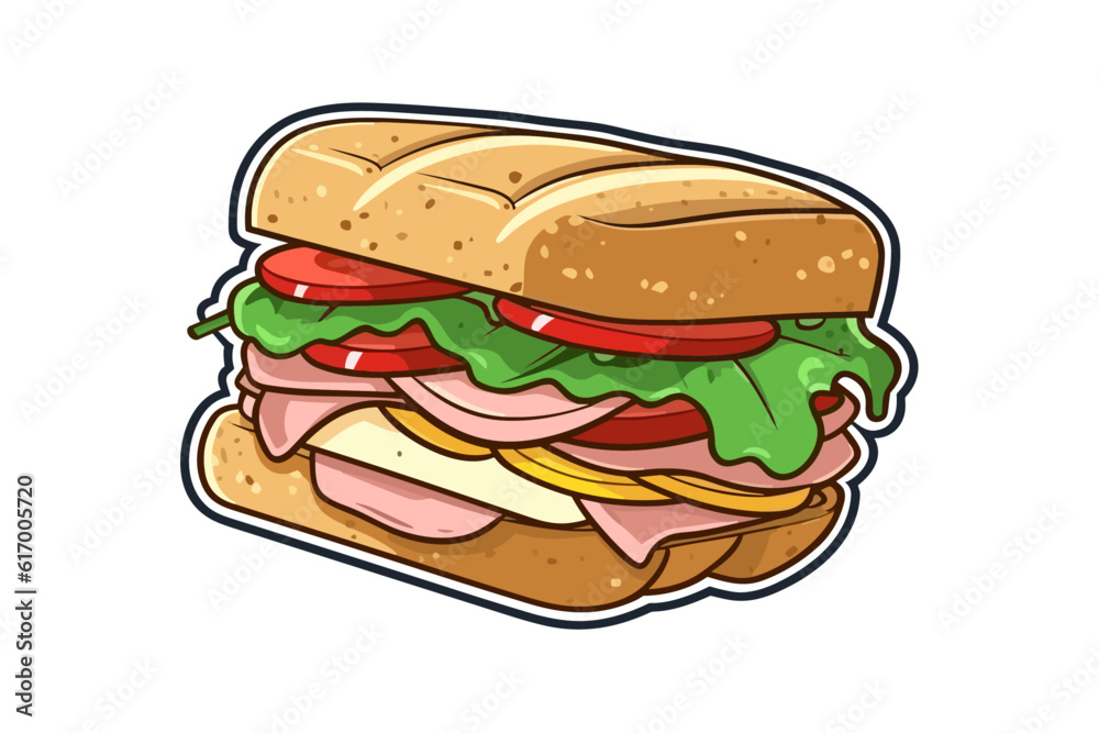 Vector illustration cartoon flat style delicious appetizing toast sandwich with sausage ham cheese tomato greens isolated on white sticker design Vector illustration cartoon flat style delicious appetizing toast sandwich with sausage ham cheese tomato greens isolated on white sticker design