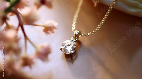 Fotografia closeup gold necklace with diamonds created with Generative AI