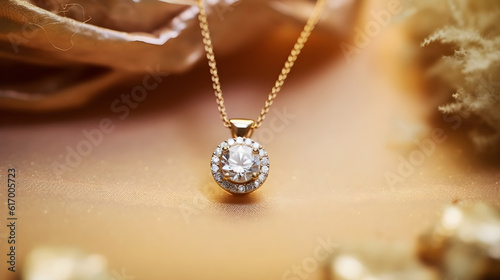 Canvastavla closeup gold necklace with diamonds created with Generative AI