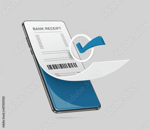 order confirmation icon or a financial transaction confirmation icon and a paper receipt or payment slip appear on smartphone screen