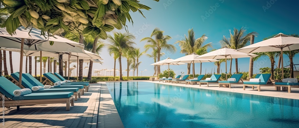 Luxurious swimming pool and loungers umbrellas near beach and sea with palm trees and blue sky, Generative AI - obrazy, fototapety, plakaty 
