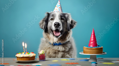 Smiling dog wearing birthday cap with cake and candle created with Generative AI photo