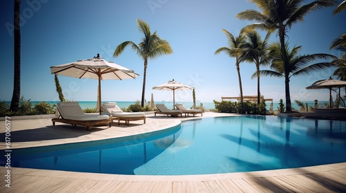 Luxurious swimming pool and loungers umbrellas near beach and sea with palm trees and blue sky  Generative AI