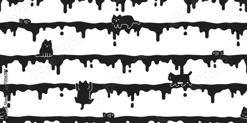 cat seamless pattern black kitten calico neko vector character cartoon breed pet color painting gift wrapping paper tile background repeat wallpaper animal doodle illustration design scarf isolated