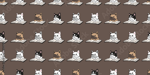 dog seamless pattern french bulldog reading book vector pet writing notebook footprint paw puppy doodle cartoon gift wrapping paper line tile background repeat wallpaper scarf isolated illustration de