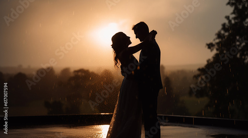 silhueta de um casal de noivos dançando na chuva, com golden hour ao fundo photo