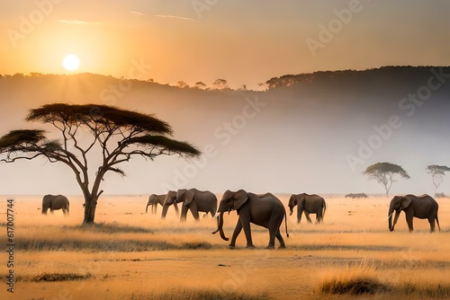 herd of elephants at sunset generated ai