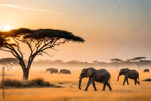 herd of elephants at sunset generated ai