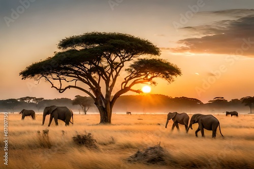 elephants at sunset generated ai