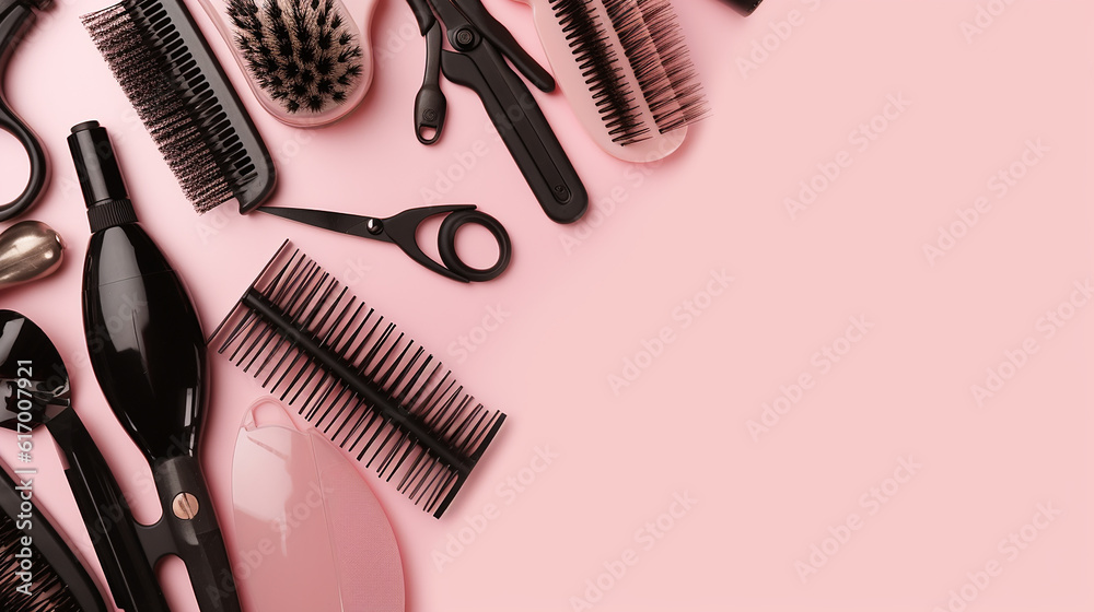  ferramentas de cabeleireiro em fundo rosa com espaço de cópia - obrazy, fototapety, plakaty 