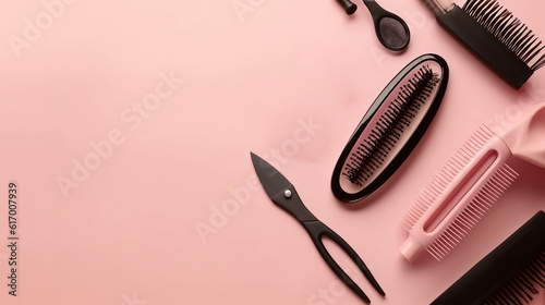  ferramentas de cabeleireiro em fundo rosa com espaço de cópia photo