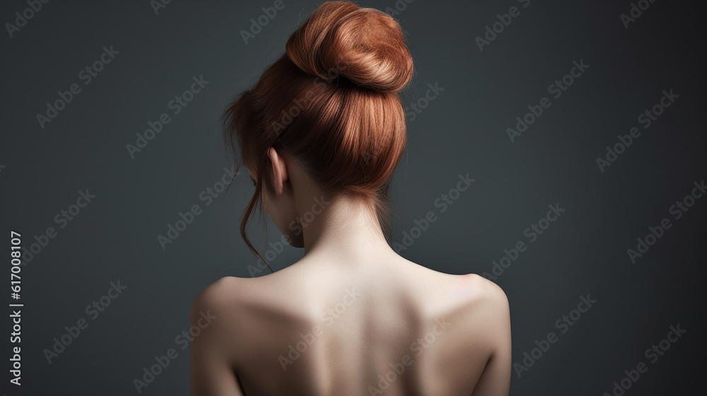 Mulher com penteado de coque em fundo cinza. Costas, ombros e pescoço nus. Vista traseira, fundo branco Mulher com penteado de coque em fundo cinza. Costas, ombros e pescoço nus. Vista traseira, fundo branco