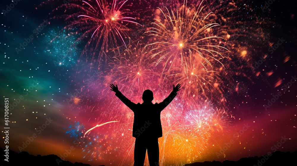 A silhueta de um homem  é capturada contra uma vibrante exibição de fogos de artifício no céu noturno. A foto retrata uma alegre celebração do feriado cheia de cores, luzes e emoções festivas