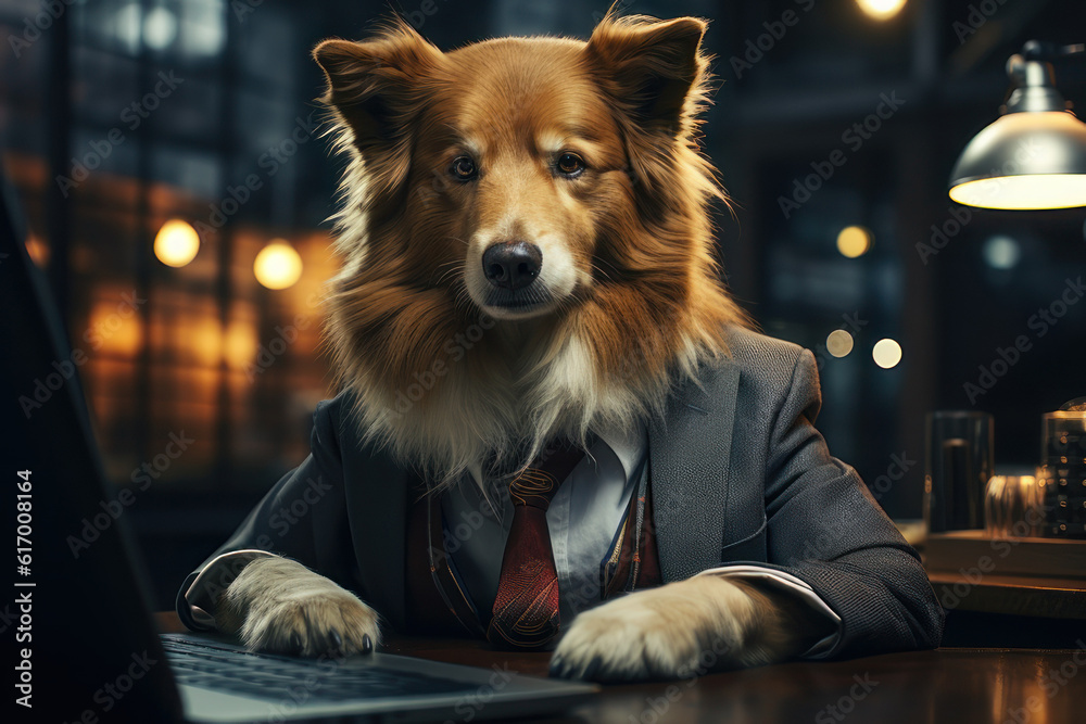 Dog in a suit in the office. AI generative.