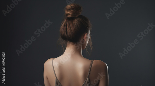 Mulher com penteado de coque em fundo cinza. Costas, ombros e pescoço nus. Vista traseira, fundo branco