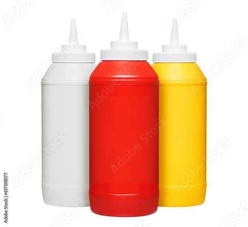 Bottled mayonnaise, mustard and ketchup, cut out